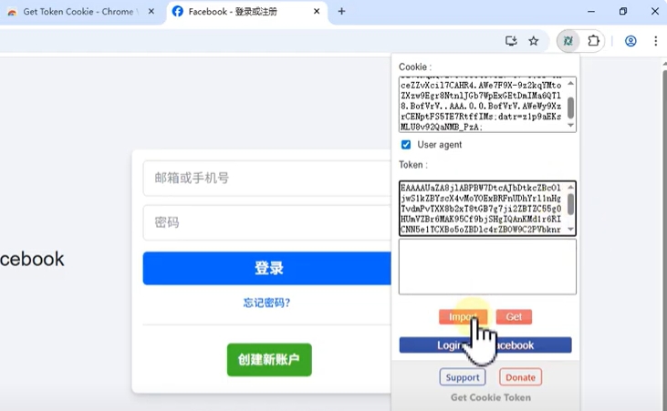 步骤3:在插件中填入cookie和token并点击Import